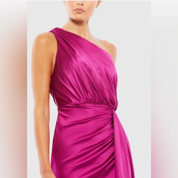 Mac Duggal One Shoulder Satin Faux Warp Gown in Berry